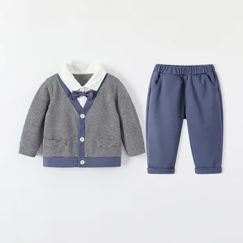 2023 Весна-осень, Комплект одежды из 2 предметов для маленьких мальчиков, хлопковое пальто с длинным рукавом, галстук-бабочка, брюки-стрейч, костюм для маленьких мальчиков, Одежда