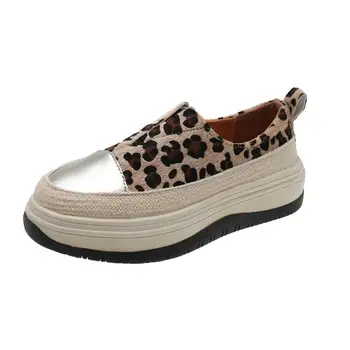 2023 Женские кроссовки из натуральной кожи с леопардовым круглым носком на толстой подошве, Вулканизированная обувь, Повседневная спортивная обувь