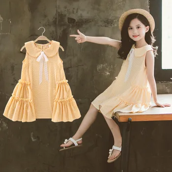 2023 новое летнее модное детское мини-платье принцессы в клетку с круглым вырезом для девочек в клетку, повседневная одежда для подростков с открытыми плечами 7, 9, 10, 11, 12 лет