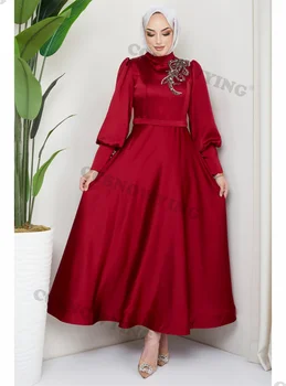 Атласные мусульманские вечерние платья с длинным рукавом, аппликации из бисера, исламские вечерние платья с высоким воротом, женские арабские вечерние платья