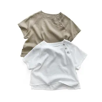 Детская хлопчатобумажная льняная маленькая рубашка, топ, летняя новинка 2023 года, футболки с короткими рукавами для мальчиков и девочек, детская одежда