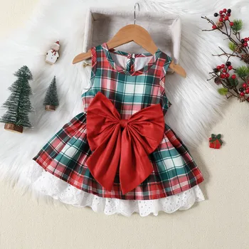 Детские рождественские платья для девочек, красно-зеленое клетчатое кружевное платье принцессы с бантом, новогодний костюм для новорожденных, рождественская одежда
