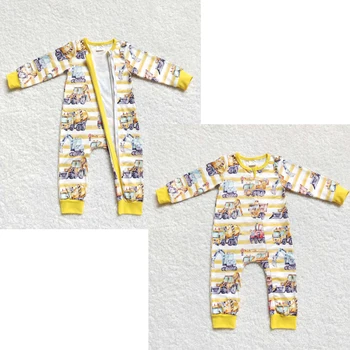 Оптовая продажа детской одежды для малышей, ползунки на молнии с длинными рукавами в желтую и белую полоску для маленьких мальчиков и девочек