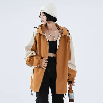 Осенняя женская куртка с капюшоном, куртки средней длины, тренч на молнии, свободная куртка на молнии, Корейская версия модной ветровки