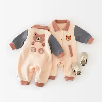 Осенняя одежда для маленьких мальчиков 2023 года, вафельные комбинезоны для младенцев, комбинезоны в милом стиле с медведями, одежда для малышей от 0 до 24 м