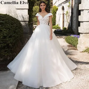 Элегантное женское кружевное свадебное платье трапециевидной формы с круглым вырезом и аппликацией с открытыми плечами, платья невесты со шлейфом, свадебное платье Vestido De Noiva